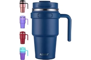 ALOUFEA 20 oz Insulated Coffee Mug Tumbler with Handle, Stainless Steel Travel Mug Tumbler with Lid and Straw,Double Wall Vacuum Leak Proof Ice Coffee Thermal Cup, Navy