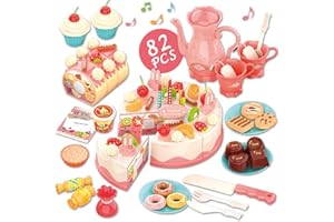 Elovien Tea Set for Little Girls, 82Pcs Birthday Cake Toys with Light & Music, Pretend Play Cutting Food Kitchen Toys Including Dessert Cookies Tea Party Accessories, Gift for Kids Toddlers Girls