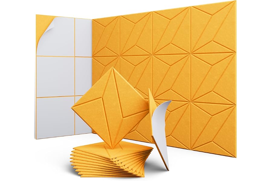 UNECHO 12 Pack 12" X 12" X 0.4" Acoustic Panels for Wall Sound Absorbing, P-Stripes Square Self-Adhesive Sound Panels, High Density Suitable for Multiple Scenarios(Orange)