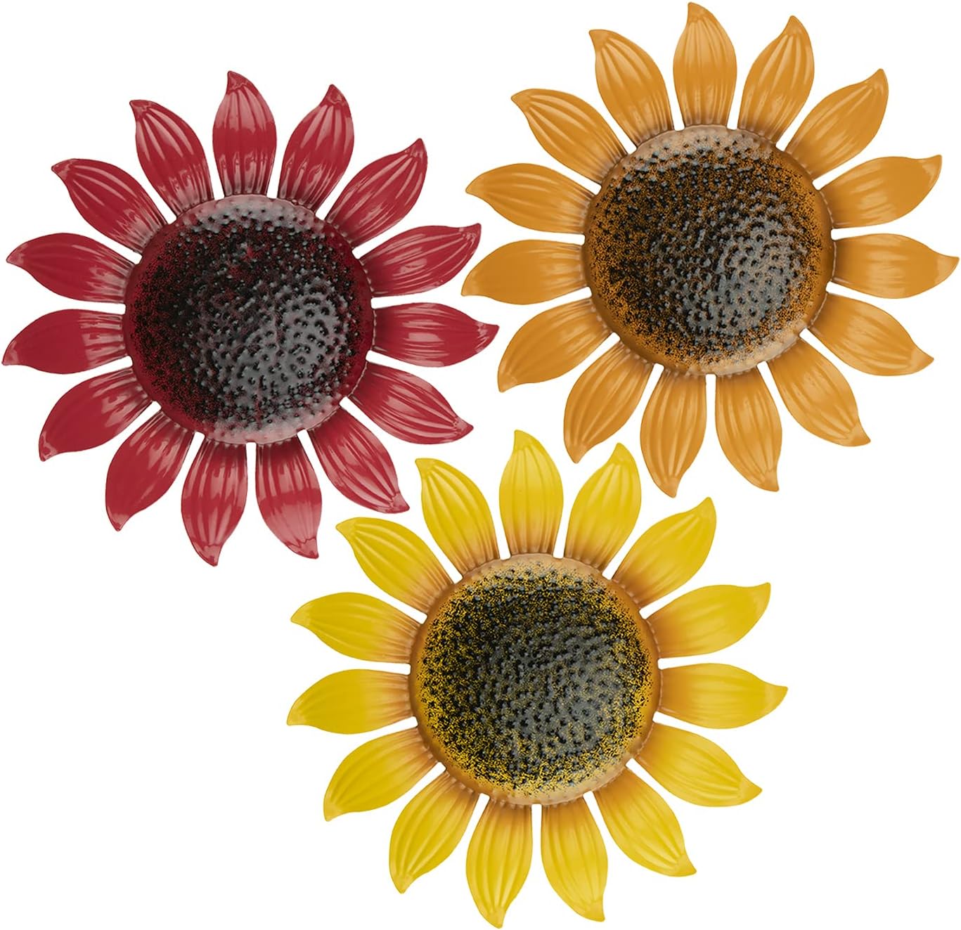Plaques & Wall Art - CLEVER GARDEN Metal Sunflower Wall Décor 3 Pack, Hanging Plaque Outdoor and Indoor Home Decoration, Yellow, Orange, and Red