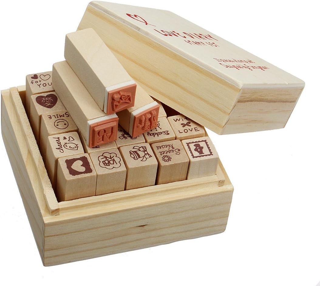 Xiaolanwelc@ 25 Patterns/Set Wooden Stamp Rubber Box Lovely Love Diary Gift Writing Decorating Art Card Cartoon Stamper For Scrapbooking