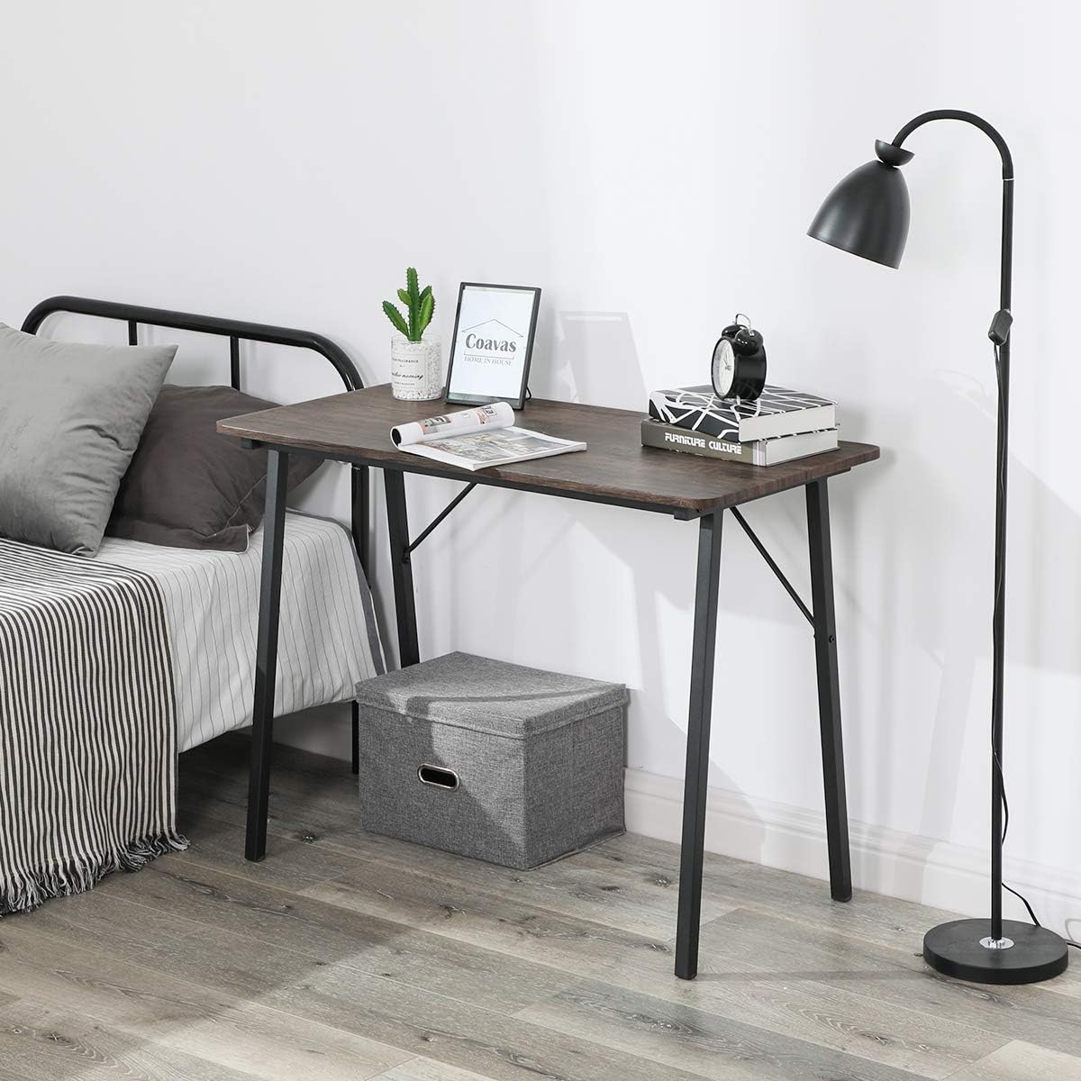 Office Computer Desk Modern Study Writing Table Small Kids Desk Home Wood Work Desk with Metal Legs Industrial Tiny Desk for Bedroom, 39.4 x 18.9 x 29.1 inch Walnut Brown: Kitchen & Dining