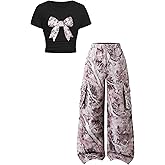 Azmxynol Tween Girls Clothes 2 Piece Outfit Bow T-Shirt Top + Cargo Pants Teen Girl Clothing Set, Sizes 7-16 Years
