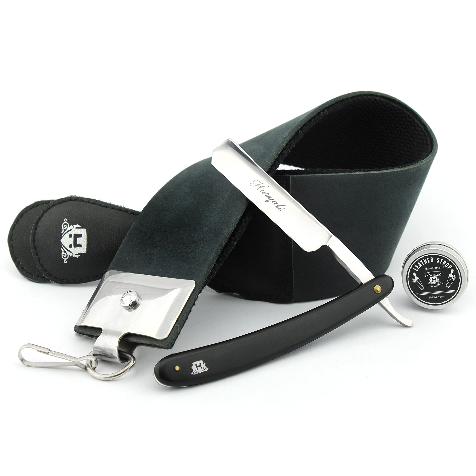 Haryali London, 3Pcs Shaving Set for Men – Classic Straight Cut Throat Razor with Leather Strop and Honing Paste – Professional Wet Shaving Kit, Barber Grooming Essentials