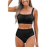 CUPSHE Women's Bikini Sets Two Piece Bathing Suit High Waisted Square Neck Adjustable Straps Ruched