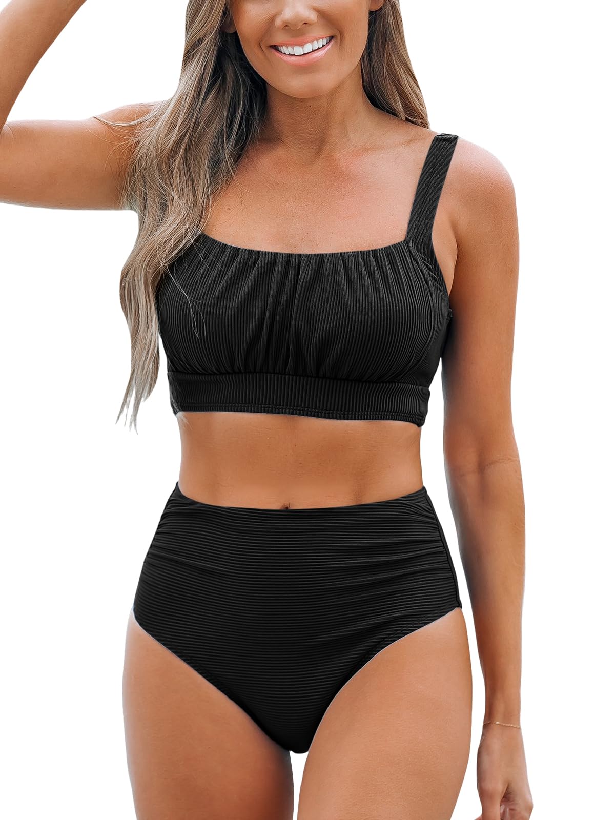 Photo 1 of CUPSHE Women's Bikini Sets Two Piece Bathing Suit High Waisted Square Neck Adjustable Straps Ruched, L Black