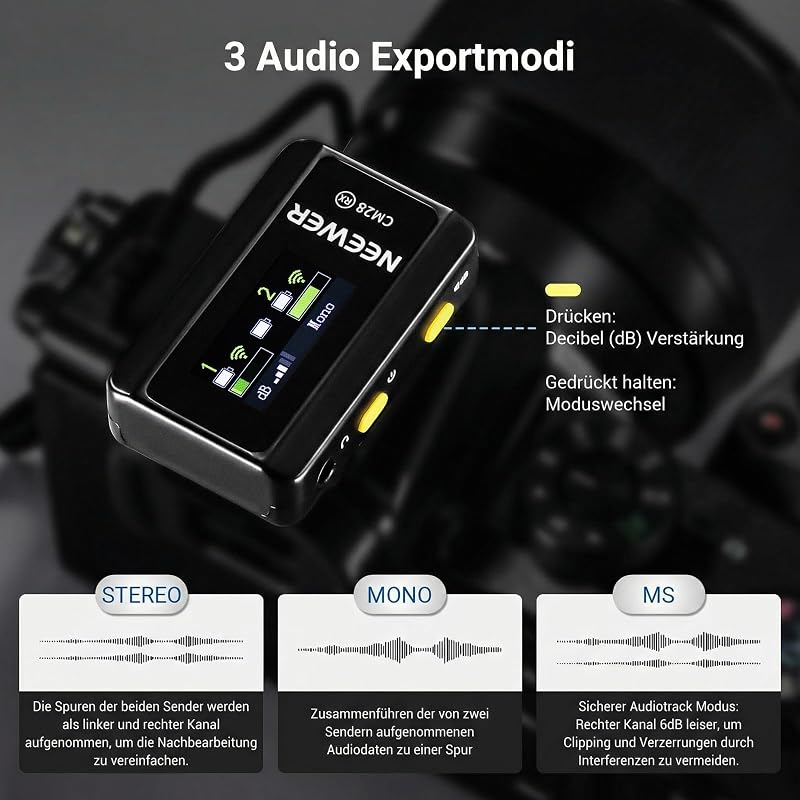 CM28 Drahtloses Lavalier Mikrofon, intelligentes Lav Mic mit Geräuschunterdrückung, 48 kHz/16 Bit, 200m Reichweite, 4GB, für iPhone Android Kamera, 1 Empfänger + 2 Sender + Ladecase