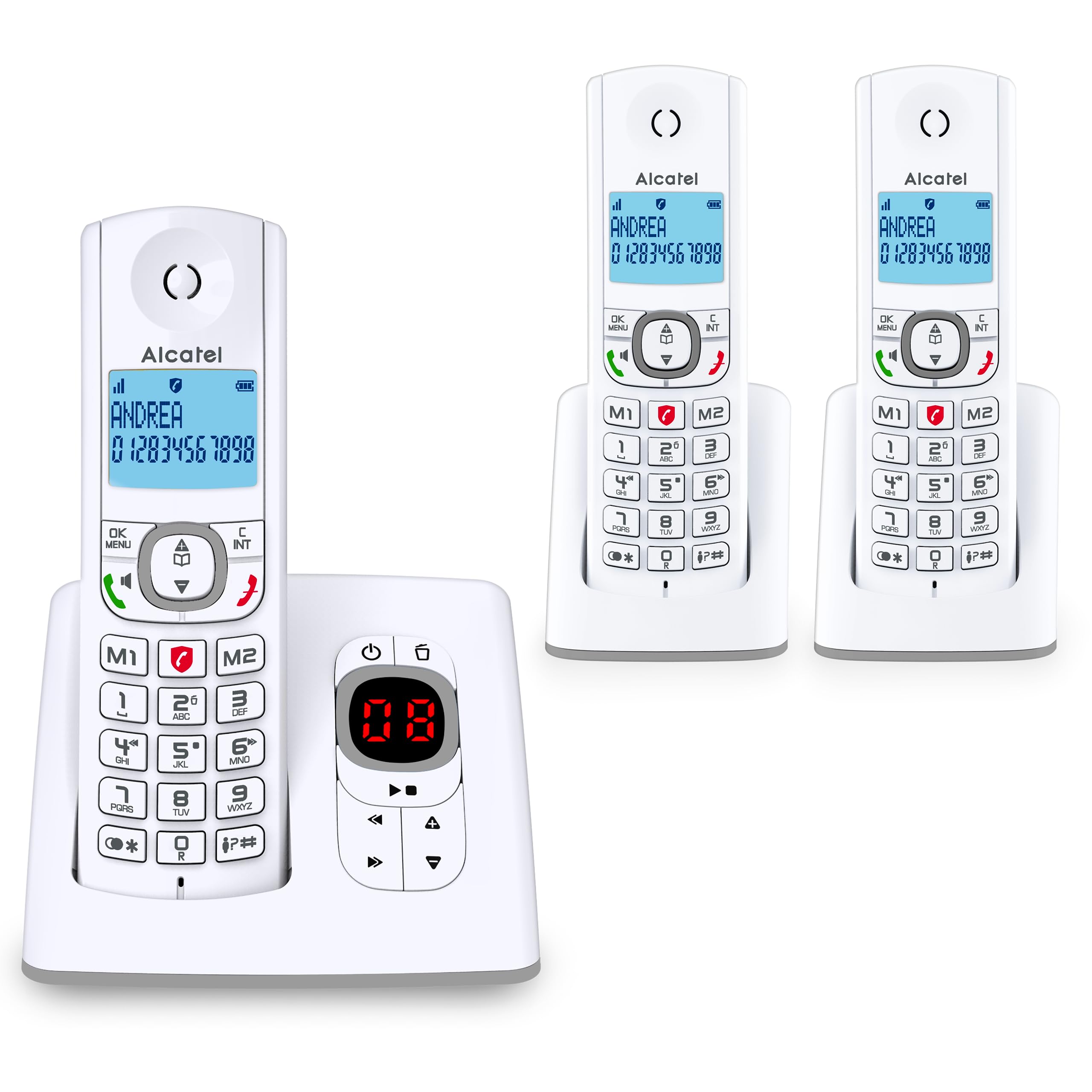 ALCATEL F530 Voice Trio - Schnurloses Festnetztelefon DECT mit Anrufbeantworter - 2 Direktwahltasten - 3 Mobilteile - Weiß/Grau