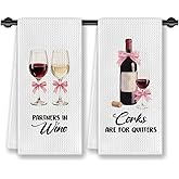 CosxHabitat Funny Wine Kitchen Dish Towels, Gifts for Wine Lovers Drinkers Enthusiasts, Corks are for Quitters Pink Bow Glasses Decorative Hand Tea Towels for Home Bar Kitchen, 16x24 Inches Set of 2
