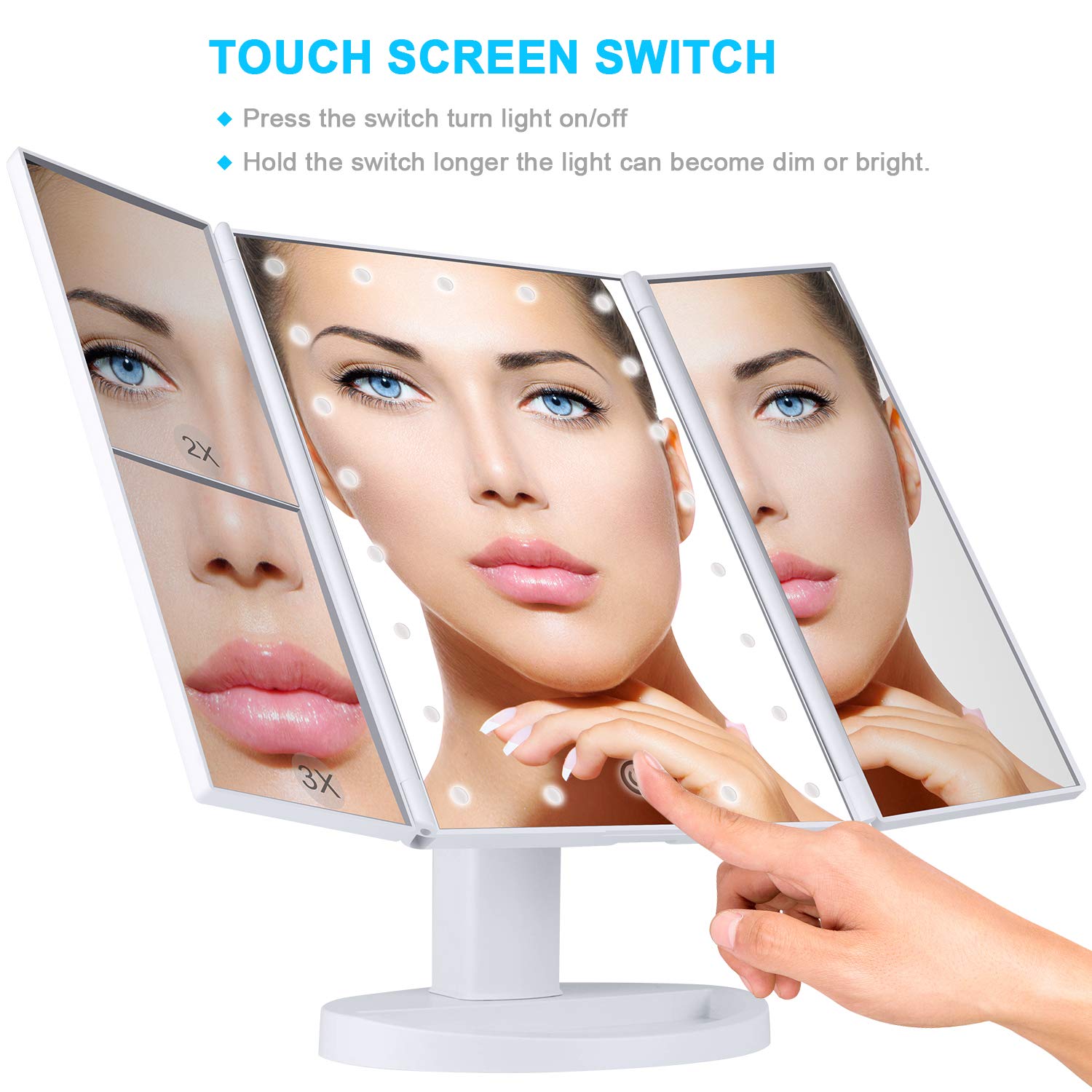 Wondruz Makeup Mirror Vanity Mirror with Lights, 1x 2X 3X Magnification, Touch Screen Switch, Dual Power Supply, Portable High Definition Cosmetic Trifold Lighted Makeup Mirror : Beauty