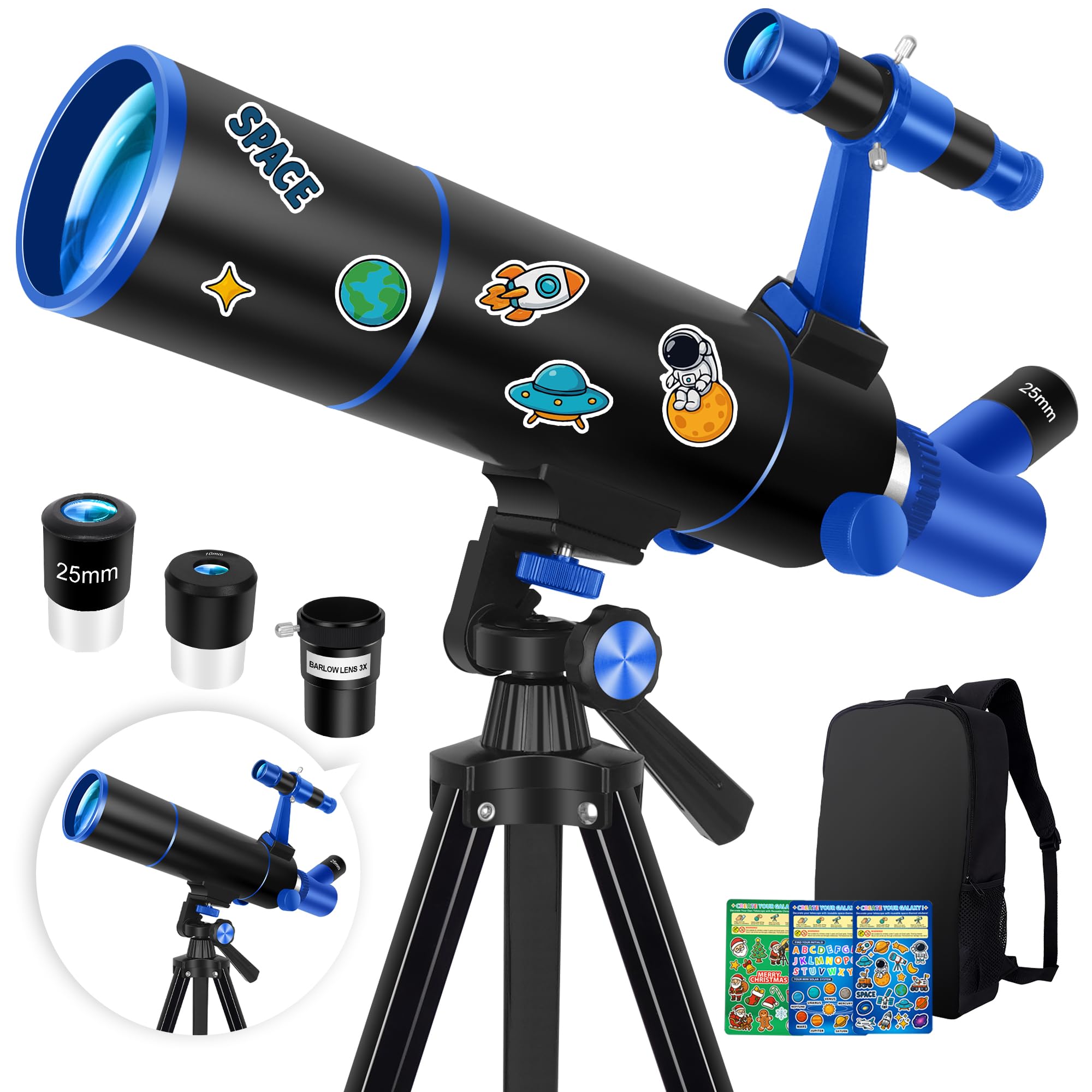 Photo 1 of Hawkko Telescope for Adults & Kids Beginners, 80mm Aperture 500mm Telescopes for Adults Astronomy, (20X-150X) Portable Refractor Telescope Kit with Decorate Stickers, Backpack, Phone Adapter-BlackBlue