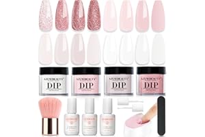 AZUREBEAUTY Dip Powder Nail Kit Starter, 4 Colors Glitter Soft Pink French Nail Art, with Base Coat, Top Coat and Activator Liquid, Suitable for All Seasons, Ideal for DIY Manicure and Salon Use