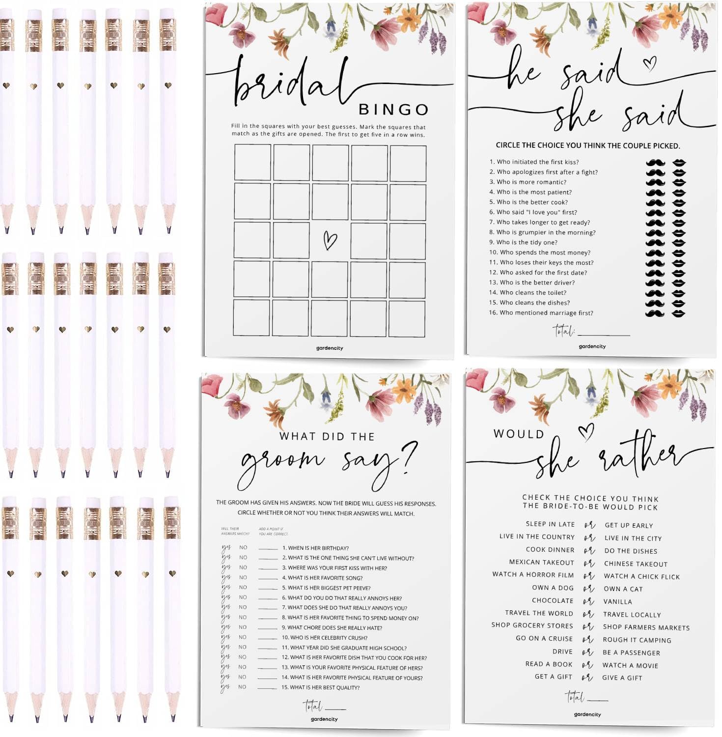 Photo 1 of Wildflower Bridal Shower Games Bundle – 4 Elegant Bridal Shower Games for 30 Guests + 30 Gold-Foil Heart Pencils, Double-Sided Floral Cards, Perfect for Bridal Showers & Weddings