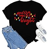 MAIHUN Christmas Shirts Womens Merry and Bright Shirt Xmas Holiday Tshirt Christmas Lights Tee Tops