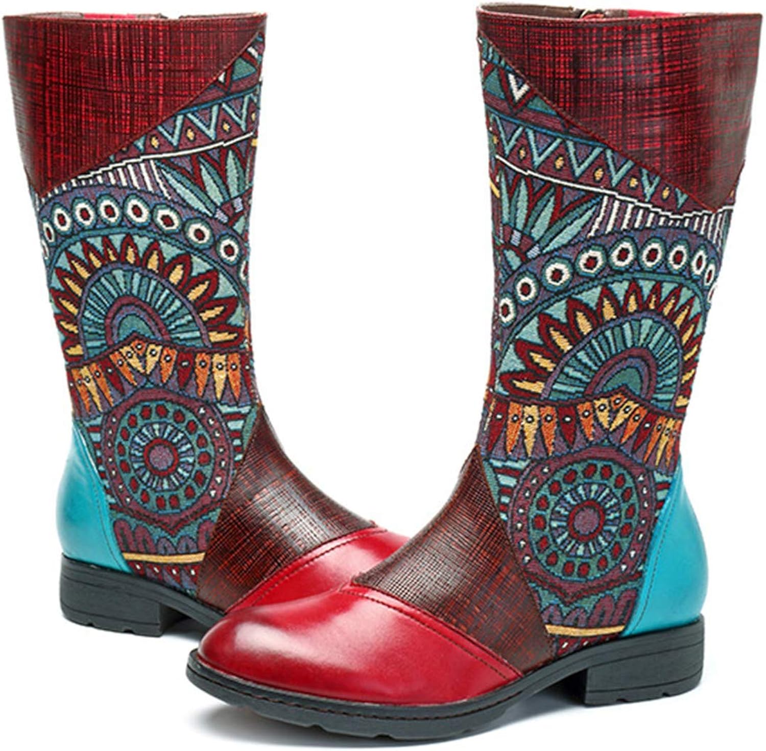 Crazycatz Womens Aztec Pattern Leather Boots Bohemian Splicing Pattern Flat Boots (41 EU 10 M US