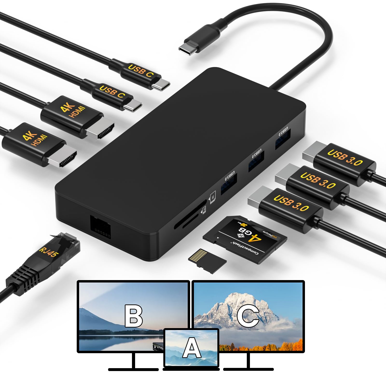 Photo 1 of Laptop Docking Station Dual 4K HDTV Monitor, Fophmo USB C to 2 HDTV Splitter Extended Display, 1000Mbps LAN, USB A&C 3.0 Ports(10Gbps), SD/TF Card, 100W PD Charging, MacOS Only Mirrors Same Screen