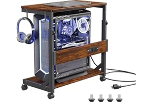 Height Adjustable Computer Tower Stand with Charge Station and USB Charging Port, 2-Tier ATX-Case Cart, Under Desk Mobile PC 