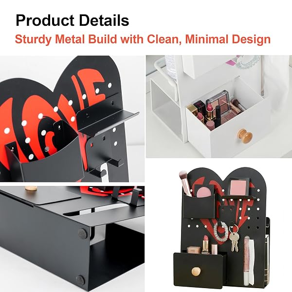 MAGNETIC PEGBOARD ORGANIZER FOR OFFICE DESK, MAKEUP VANITY, STATIONERY STORAGE, GAMING DESKTOP WITH 4 METAL ACCESSORIES DRAWER HOLDER HOOKS MODULAR – HOME DECOR TABLETOP DISPLAY KIDS ROOM – BLACK