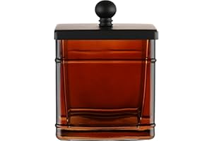 Indecor Home Amber Glass Cotton Jar Holder – Black Lid Elegant Bathroom Storage Canister for Qtips, Cotton Balls, Floss, Makeup Organizer, Vanity & Bathroom Organization