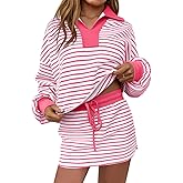 MAOECO Womens 2 Piece Set Striped Sweatshirt Skirt Set Casual Long Sleeve Skort Workout Matching Lounge Set with Pockets