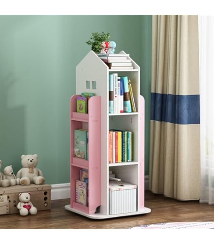 Rotating Children's Bookshelf,Book Display Shelf, Floor Standing Bookshelf Pink