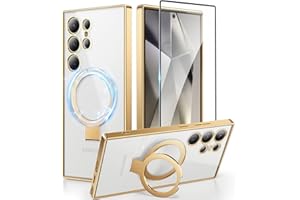 CAPRARO for Samsung Galaxy S24 Ultra Case with Magnetic Ring Stand,[Compatible with MagSafe][Military Drop Protection] Shockproof Protective Slim Phone Case for S24 Ultra, Clear Gold
