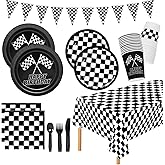 Racing Car Party Supplies 170 Pieces Disposable Party Dinnerware - Black and White Banners Tablecloth Paper Plates Napkins Cups Forks Knives Spoons for Kids Birthday Decorations Serve 24