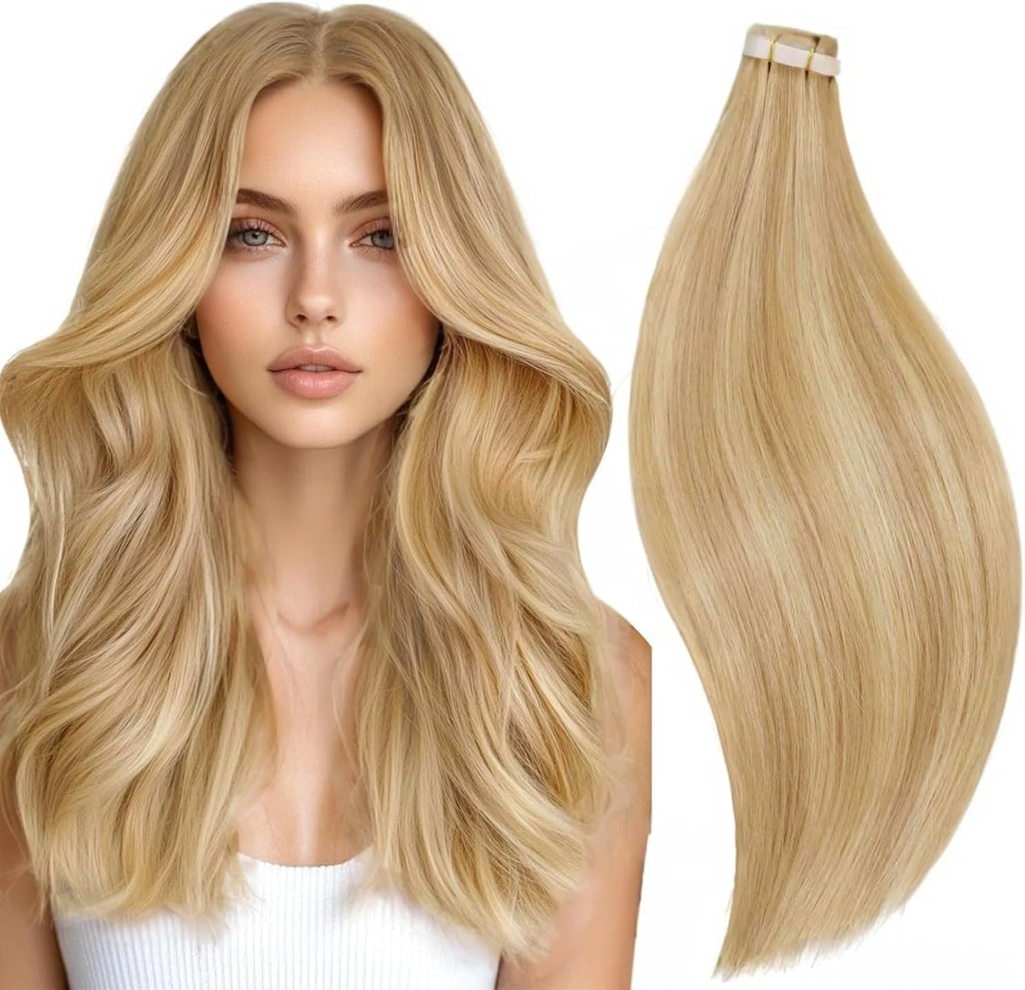 RUNATURE 18 Inch Tape in Hair Extensions Human Hair Golden Blonde Highlight Blonde Tape Hair Extensions Real Human Hair Remy Invisible Tape Hair 50gram #16p24 — image 1