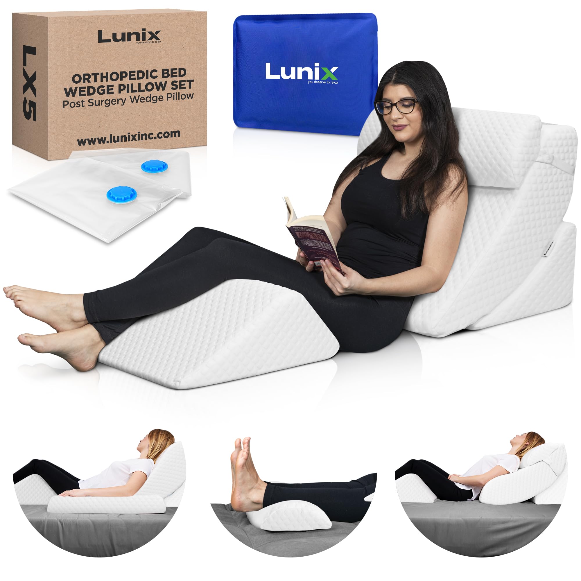 Photo 1 of Lunix 4pcs Orthopedic Bed Wedge Pillow Set, Post Surgery Memory Foam for Back, Knee, Leg Pain Relief, Adjustable Sitting Pillow for Sleeping, Acid Reflux, GERD, with Hot Cold Pack, White