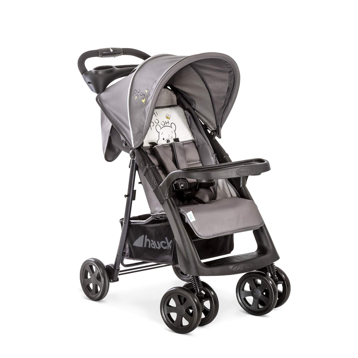 Hauck Shopper Neo II Buggy bis 25 kg mit Liegefunktion ab Geburt, klein zusammenfaltbar, Einhand-Faltmechanismus, leicht, 2 Getränkehalter, großer Korb, pooh cuddles, Grau Beige