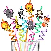 12 Pcs Reusable Jungle Animal Straws, Forest Animal Plastic Straws, Woodland Creature Twisted Straws for Forest Party Supplies, Jungle-themed Party Decorations, Jungle Birthday Gifts (Jungle Animals)