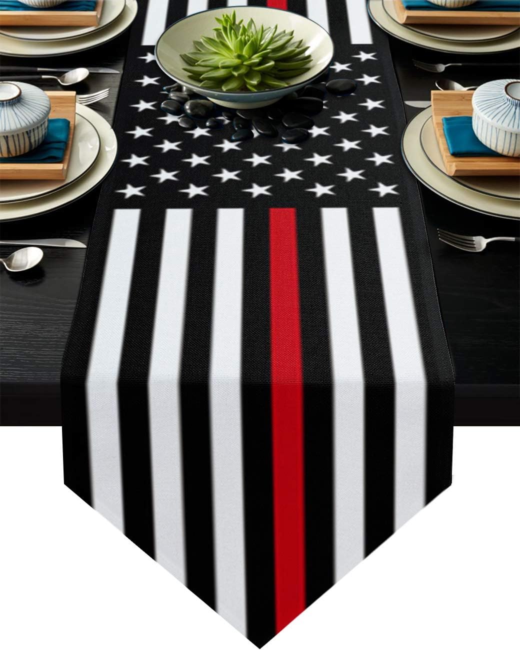 COLORSUM Geometric Table Runner for Dining Room Firefighter Flag Thin Red Line Table