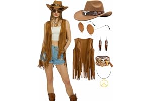 VERCECO 6 PC Cowgirl Western Outfits for Women Retro Cowgirl Costumes Fringe Vest Cow Girl Hat for Women Country 70s Hippie Outits