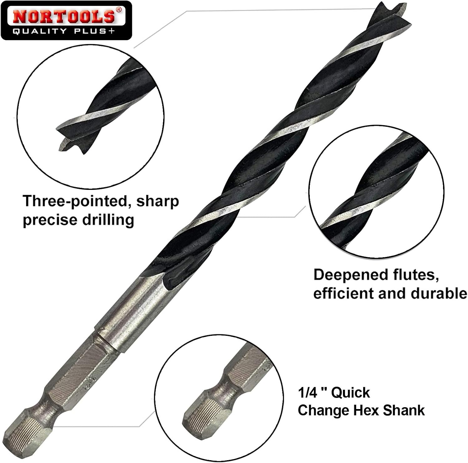 NORTOOLS Brad Point Wood Drill Bit Set including 1/4 inch Hex Shank 5 PCS HCS Wooden Drills for Woodworking DIY Lover Carpenter 3 4 5 6 8 mm - Image 3