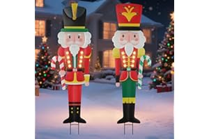 Lewondr 2 PCS Christmas Decororations Outdoor, 36.5" Solar Metal Nutcracker Soldier Garden Stakes, Xmas Yard Signs with Warm Light, Waterproof Solar Garden Decor for Pathway Yard Lawn Patio