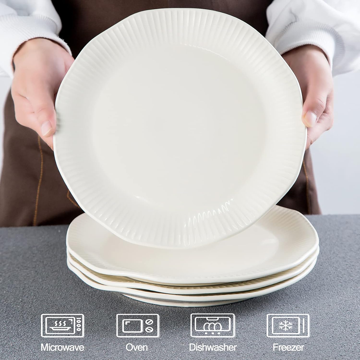  | Ceramic Dinner Plates Set of 4, Hasense Ivory White Dish Set Serving Plates, 10.6" Kitchen Porcelain Serving Dishes, Lotus Leaf Shape Modern Plate Set Microwave Oven and Dishwasher Safe: Dinner Plates