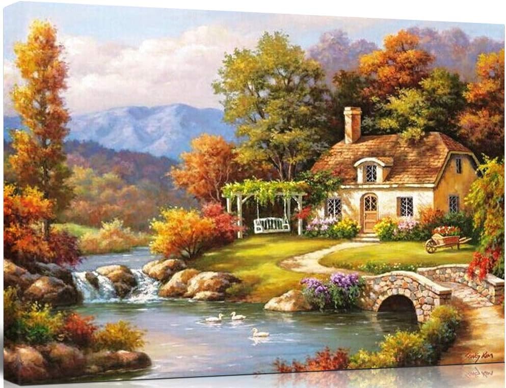 SHUAXIN DIY Oil Painting Paint by Numbers Kit for Adults Kids Beginner - Countryside Cottage Design PNB Kit 16x20 inch with Wooden Framed