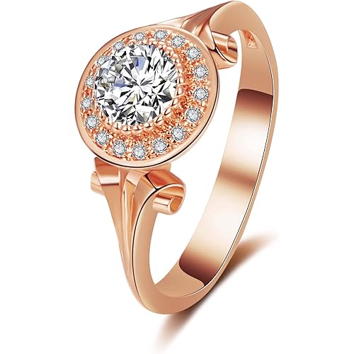 BAYAM Solitaire Halo CZ Ring 14K Rose Gold Plated Halo Engagement Wedding Rings Women