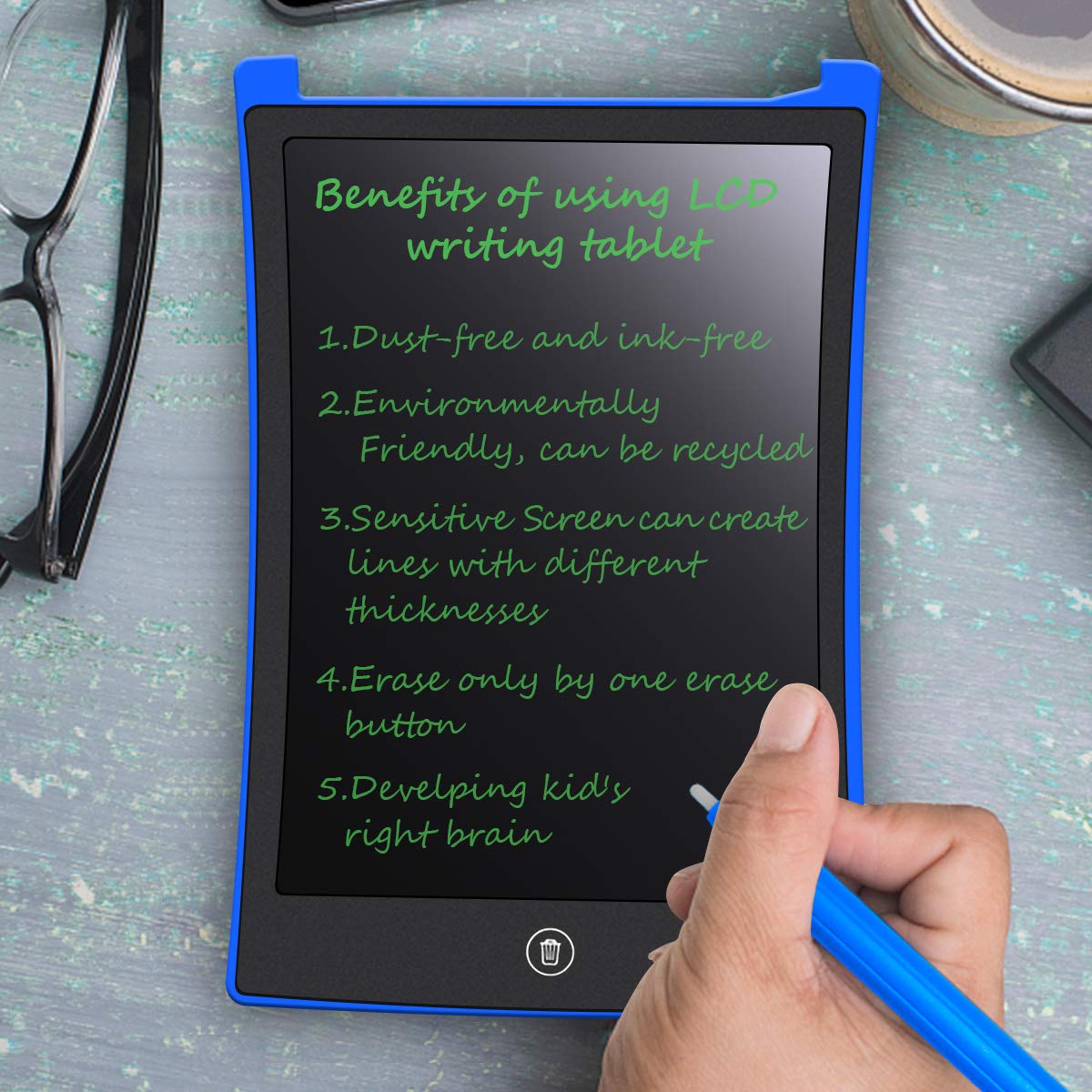 MYMAHDI LCD Writing Tablet, 8.5 inch Doodle Board, Electronic Drawing & Writing Board, with Smart Writing Stylus for Kids Gifts, School,Office, Fridge or Family Memo, Blue