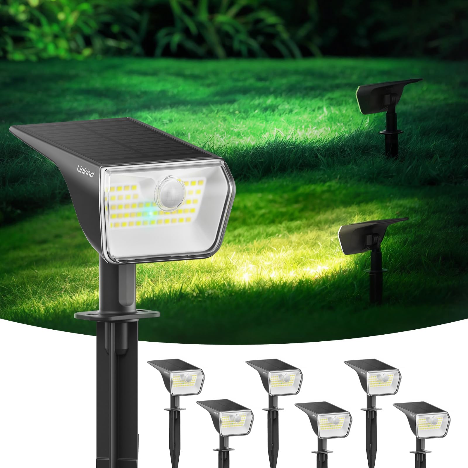 Linkind Dual Colour Motion Sensor Solar Light - IP67 Waterproof Solar Spotlight with 8m/120°PIR Detection, Wall & Ground Mount, Ideal for Garden, Driveway, Pathway, 6 Pack