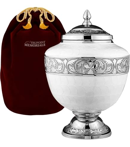 Hand Carved Medium Cremation Urn For Human Ashes - Engraved Pewter Finish, 6 Inch Silver Urn - View #4