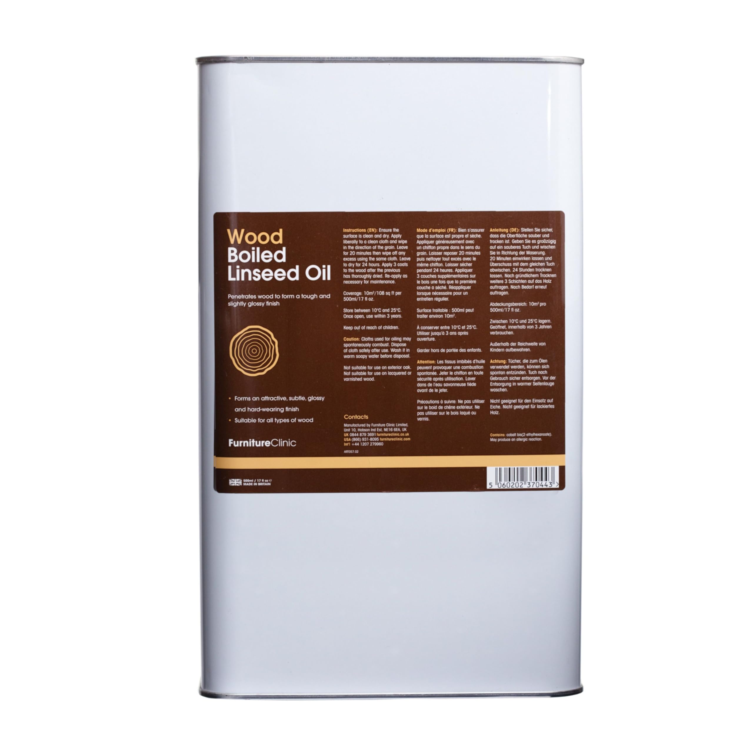 Furniture Clinic Boiled Linseed Oil for Wood 5L - Premium Oil to Enhance, Seal & Protect The Natural Beauty of Oak, Pine & Other Wood with a Glossy Finish