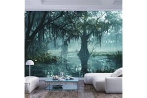 Teal Feature Wall Mural Wallpaper Misty Swamp Forest Water Oil Painting Style Accent Wall Decor for Home Interior Living Room
