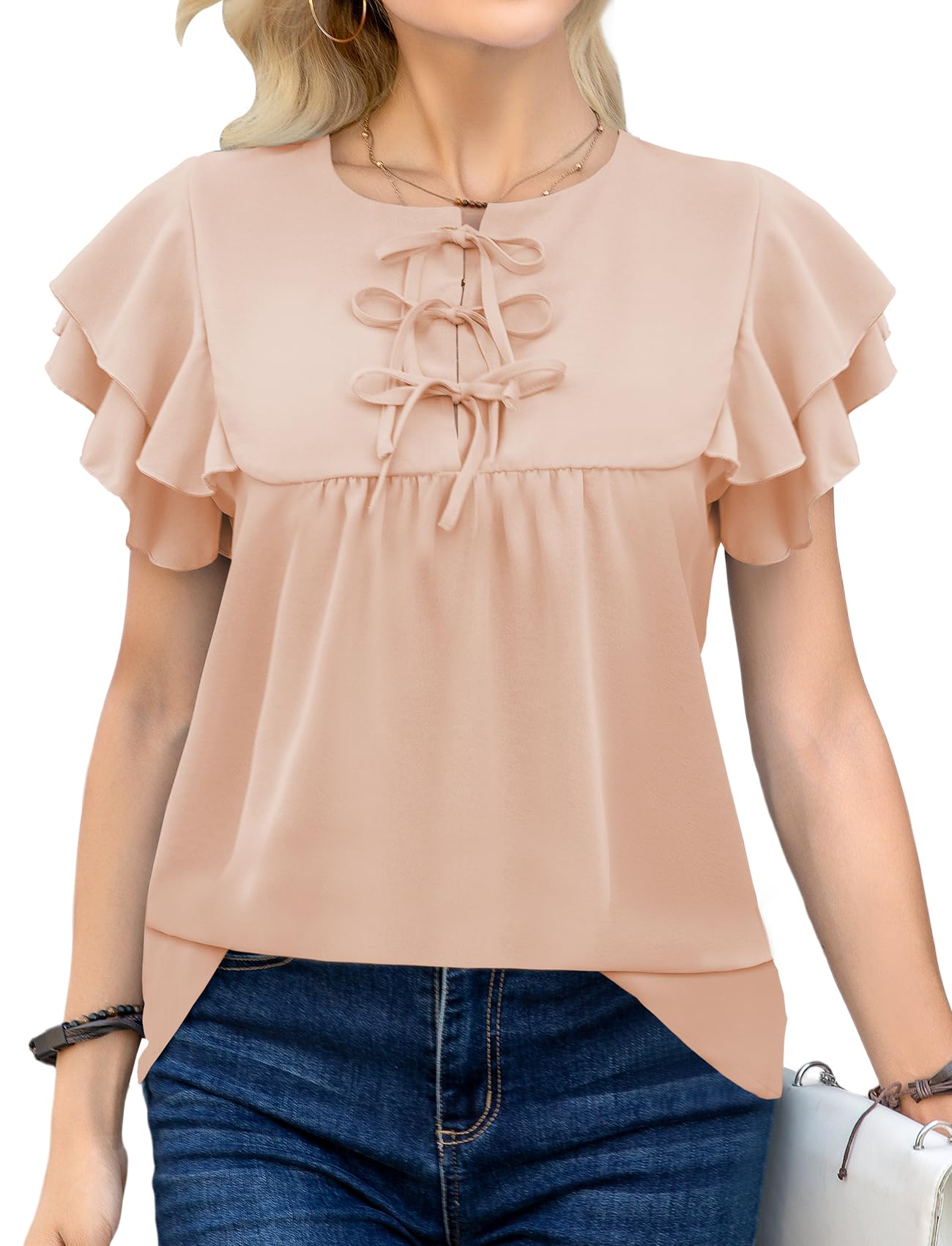 Photo 1 of *medium* LA BAIESO Womens Dressy Casual Shirts Summer Ruffle Short Sleeve Work Blouses Hidden Button Crewneck Cute Bow Tie Front Tops Apricot