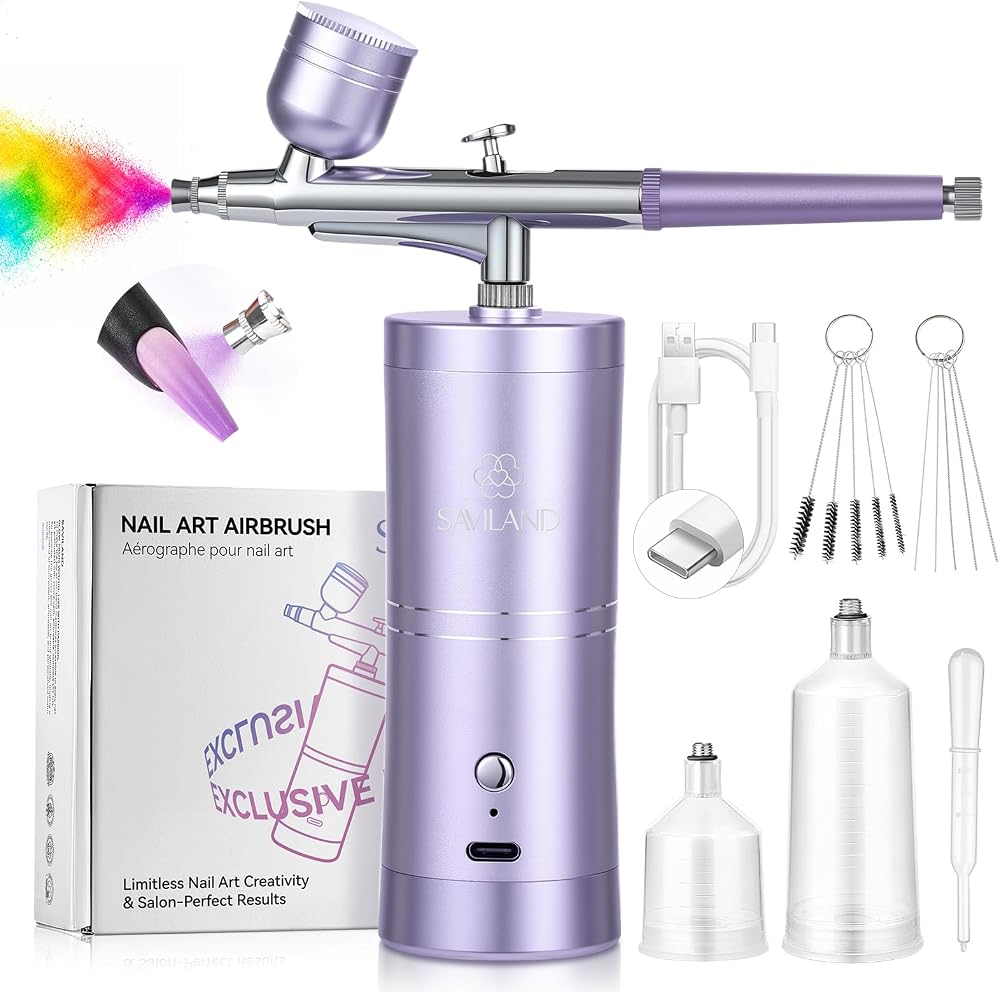 SAVILAND Pro Airbrush Kit with Air Compressor, Cordless Airbrush for Nails with 0.3mm DLC Anti-Clogging Nozzle, Portable Airb