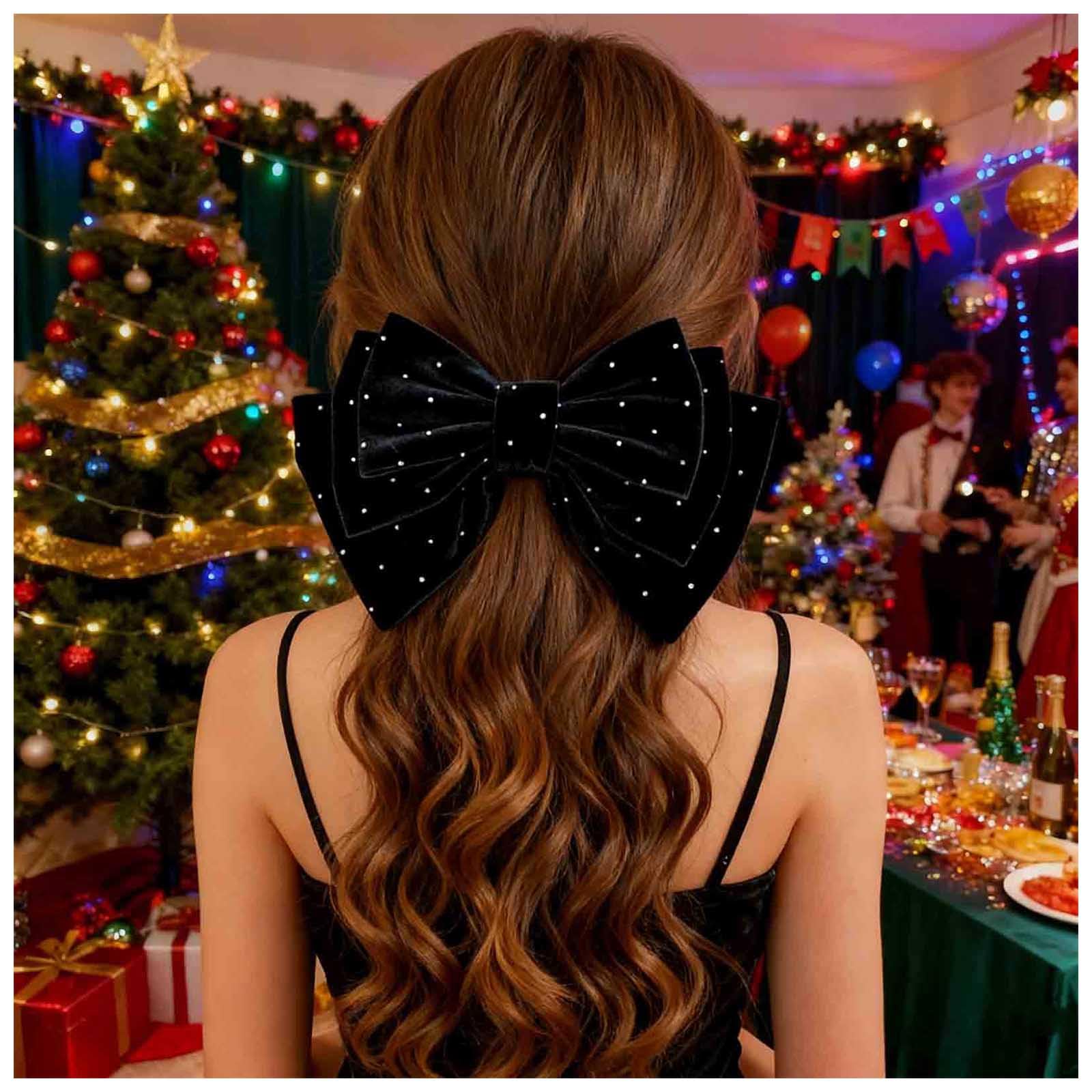 Cybche French Large Bow Hair Clips Black Velvet Bow Hair Barrette Satin Bowknot Hairclips Big Velvet Hair Bows Decorative Hair Accessories Jewelry for Women Headdress(Black1)