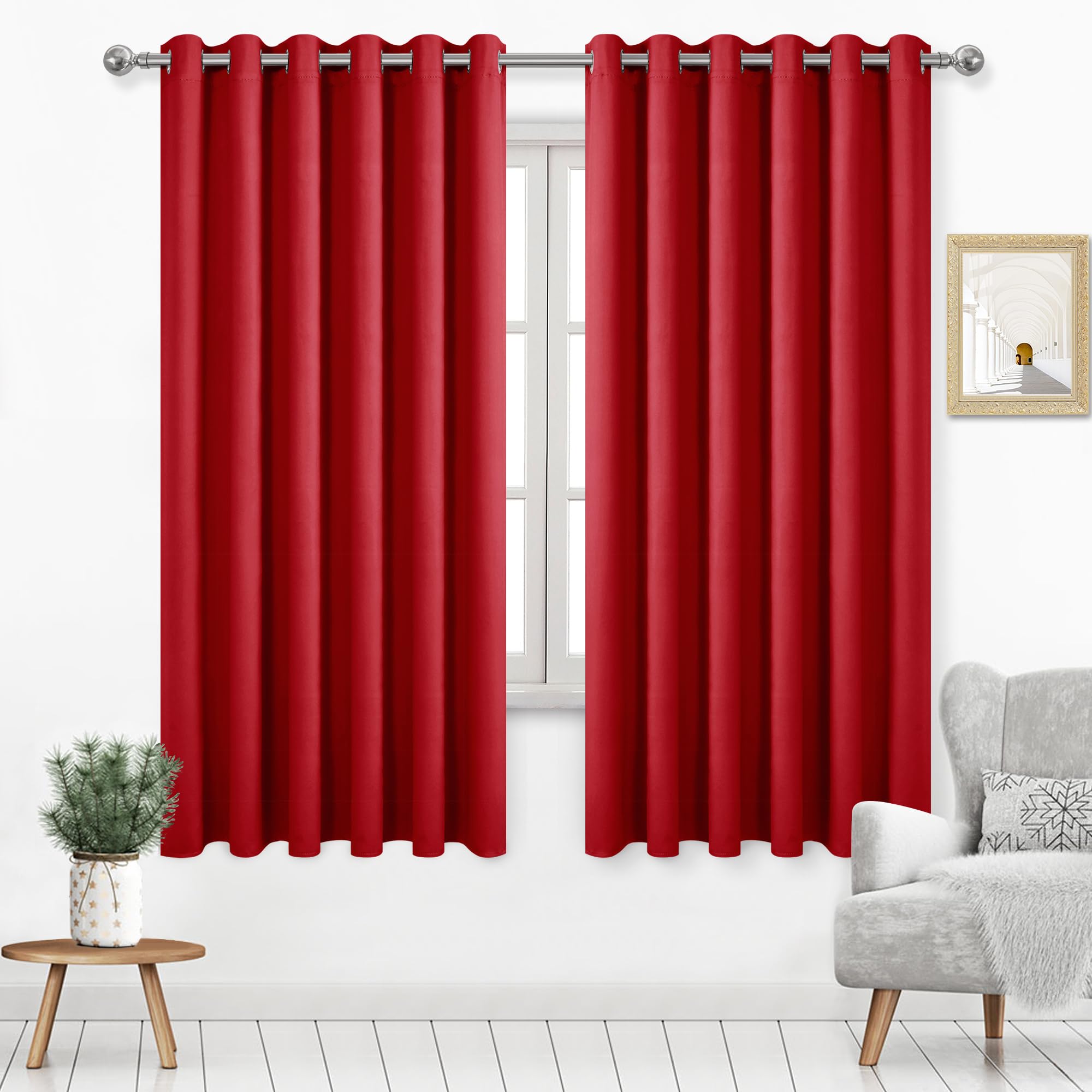 DWCN Red Curtain 63 Inches Long, 70 Wide Inch Blackout Drapes for Bedroom, Solid Thermal Living Room Panels - Red, W70 x L63 Inch, Set of 2 Image