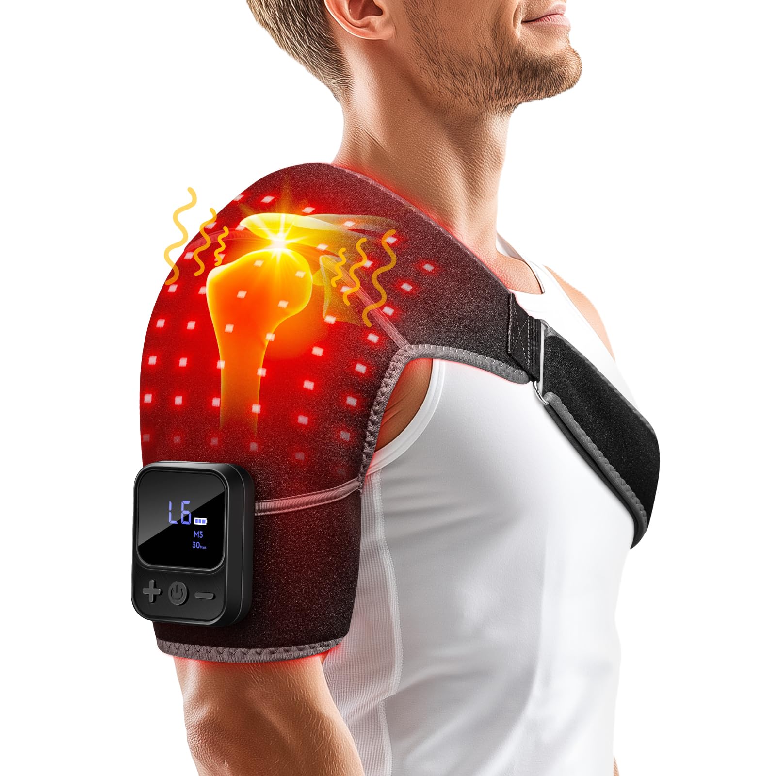 Photo 1 of Red Light Therapy for Shoulder with Heat & Massage, 6 Modes 5000mAh Cord-Free Controller Infrared Light with 216 Beads 660nm & 850nm Portable Heated Shoulder Pad, Last 110-240mins