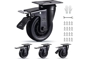 VM VIMA 4 Inch Heavy Duty Caster Wheels Set of 4 Black Swivel Casters 2200Lbs Load Capacity Silent Elastic Rubber Wheels Industrial Plate Castors with Brake for Cart Furniture Workbench All 4 with Brakes