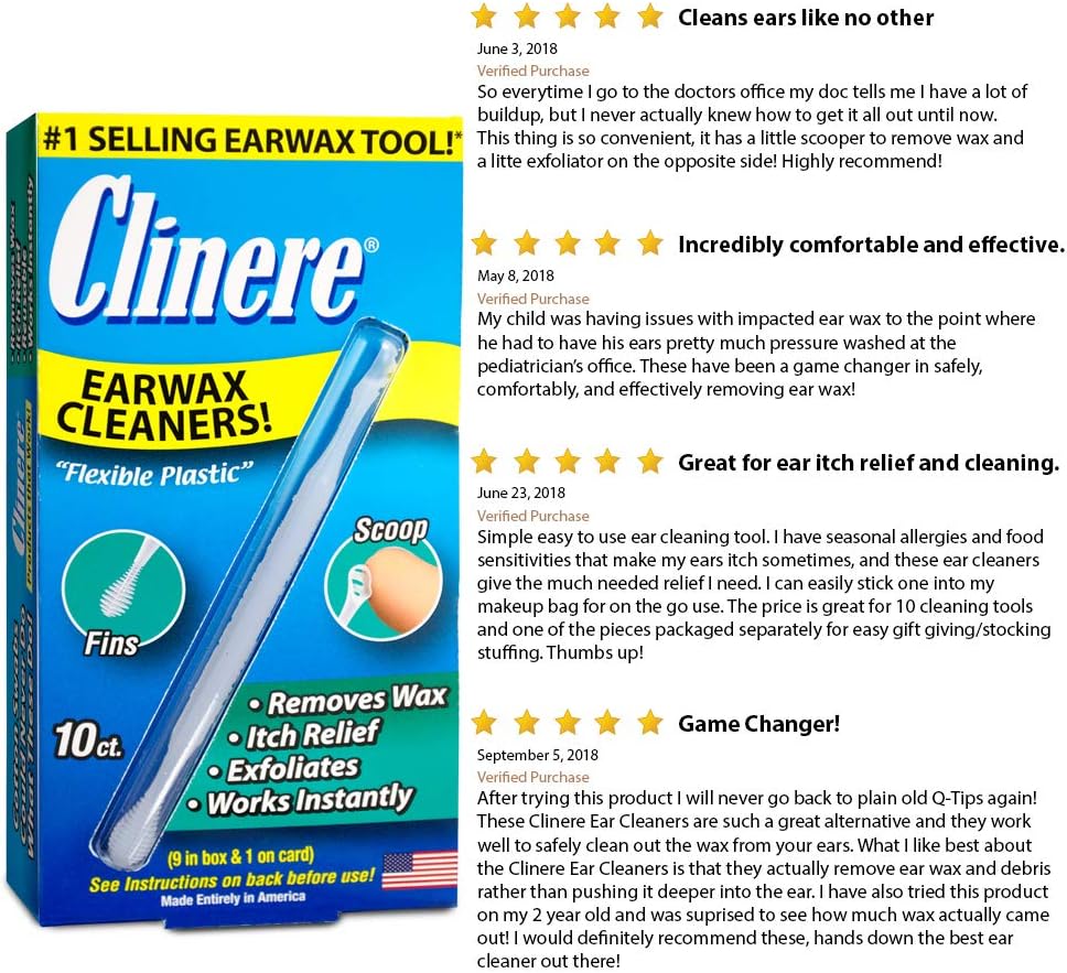 Clinere® Ear Cleaners, 10 Count Earwax Remover Tool Safely and Gently Cleaning Ear Canal at Home, Ear Wax Cleaner Tool, Itch Relief, Ear Wax Buildup, Works Instantly, Exfolimates, Earwax Cleaners.: Health & Personal Care